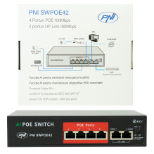 Switch POE PNI SWPOE42, 4 POE 100 Mbps ports and 2 UP Link 100 Mbps ports, 65W, AI Extend function up to 250m, 4kV light