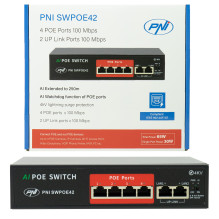 Switch POE PNI SWPOE42, 4 POE 100 Mbps ports and 2 UP Link 100 Mbps ports, 65W, AI Extend function up to 250m, 4kV light