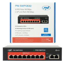 Switch POE PNI SWPOE82, 8 POE 100 Mbps ports and 2 UP Link 100 Mbps ports, 120W, AI Extend function up to 250m, 4kV ligh