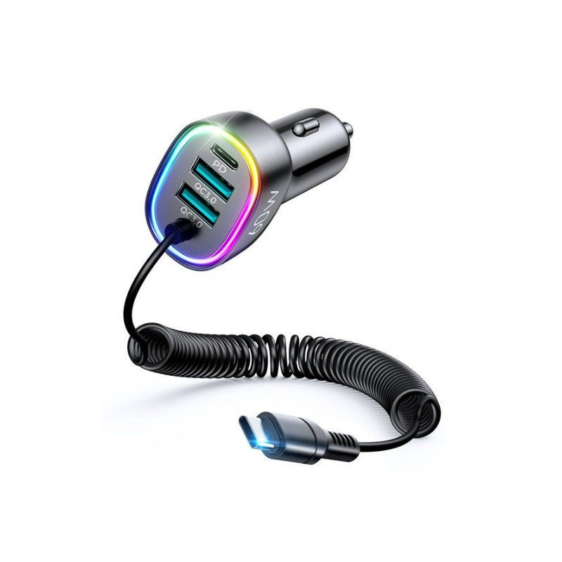 „Joyroom“ 4 viename greitas automobilinis įkroviklis PD, QC3.0, AFC, FCP su USB C tipo laidu 1,6 m 60 W juodas