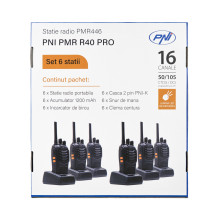 Komplekte yra 6 nešiojamų radijo stočių PNI PMR R40 PRO su baterijomis, įkrovikliais ir ausinėmis Komplekte yra 6 nešiojamų radijo stočių PNI PMR R40 PRO su baterijomis, įkrovikliais ir ausinėmis