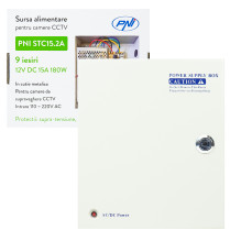 CCTV power supply PNI STC15.2A in metal box, 12V 15A 180W, 9 outputs