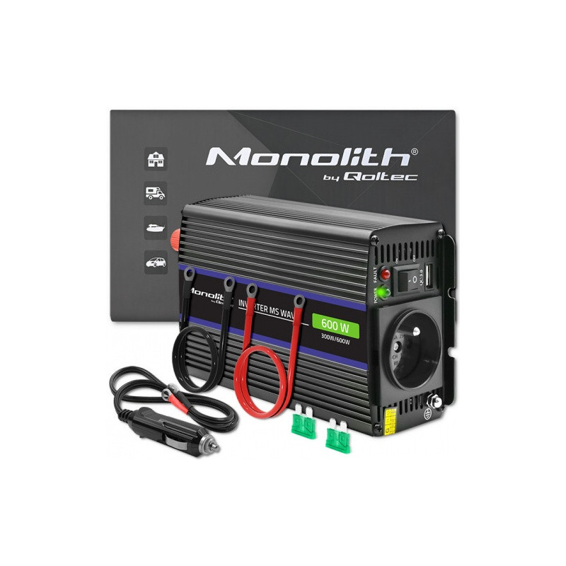 „Qoltec Monolith“ įtampos keitiklis 600 MS Wave, nuo 12 V iki 230 V, 300/600 W, USB