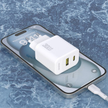 „Dudao A27TCEU PD“ 30 W GaN USB-A USB-C sieninis įkroviklis su USB-C laidu – baltas