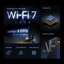 TP-LINK BE6500 Wi-Fi 7 Bluetooth 5.4 PCIe adapteris Archer TBE400E TP-LINK BE6500 Wi-Fi 7 Bluetooth 5.4 PCIe adapteris Archer TBE400E