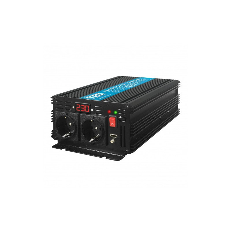 1000 / 2000W Pure Sine Wave Power Inverter, 12V to 230V, 2 Outputs + USB, Digital Display