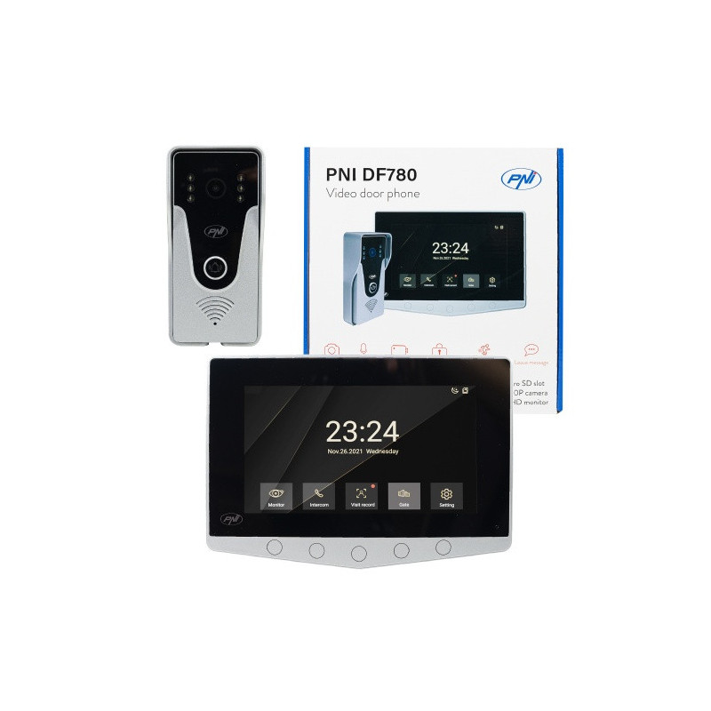 Video intercom set with 7" LCD display, Full HD camera, night vision and recording, IP65