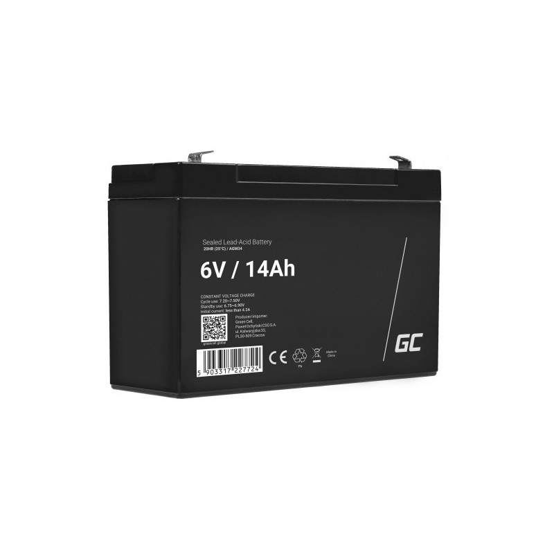 6 V 14 Ah akumuliatorius :: AGM : VRLA :: 6 voltai, 14 ampervalandžių (Ah) :: Gnybto tipas T1 (4,75 mm)