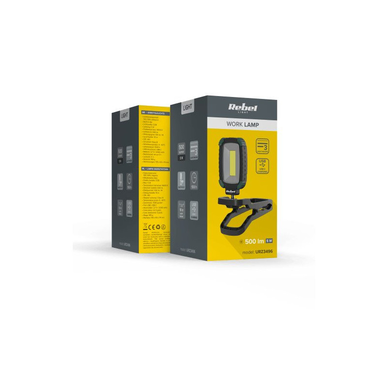 LED work lamp, USB-C charging, 2000 mAh battery, Operating time 5 h, Universal mount