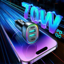 „Joyroom“ 70 W automobilinis įkroviklis su 4 prievadais: 2 x USB C, 2 x USB, juodas (JR-CL29)