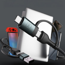 3mk Hyper Cable N-SERIES 2 in 2 USB-A / USB-C ir USB-C / Lightning 1.2m QC 3.0 9V / 2A 60W - juodas