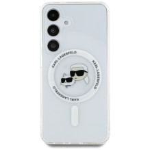 Dėklas Karl Lagerfeld mygtukas Karl ir Choupette galvutės su spausdintu logotipu MagSafe Samsung Galaxy S25 Plus baltas