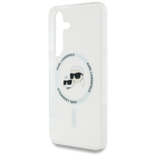 Dėklas Karl Lagerfeld mygtukas Karl ir Choupette galvutės su spausdintu logotipu MagSafe Samsung Galaxy S25 Plus baltas