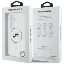 Dėklas Karl Lagerfeld mygtukas Karl ir Choupette galvutės su spausdintu logotipu MagSafe Samsung Galaxy S25 Plus baltas