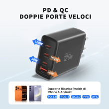„Tech-Protect NC120W-GAN“ 4 prievadų 120 W sieninis įkroviklis – juodas