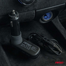 Automobilinis FM siųstuvas 2×USB-A 1×USB-C microSD 12V 24V AMIO-04653