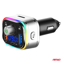 Automobilinis FM siųstuvas 2×USB-A 1×USB-C microSD 12V 24V AMIO-04652