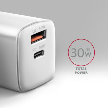 MOBILIOJO ĮKROVIKLIS SIENINIS USB 30W / 2 PRIEVADŲ BALTAS ACU-PQ30W AXAGON