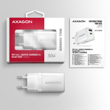 MOBILIOJO ĮKROVIKLIS SIENINIS USB 30W / 2 PRIEVADŲ BALTAS ACU-PQ30W AXAGON