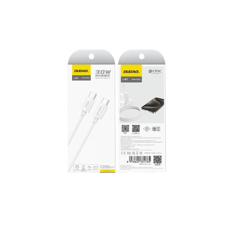USB kabelis Dudao (L4C) "USB-C (Type-C) to USB-C (Type-C)" (30W) 1.2M