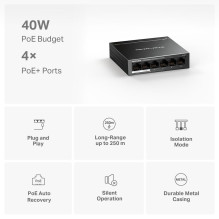 Switch, MERCUSYS, Desktop / pedestal, 6x10Base-T / 100Base-TX, PoE+ ports 4, MS106LP