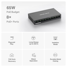 Switch, MERCUSYS, Desktop / pedestal, 10x10Base-T / 100Base-TX, PoE+ ports 8, MS110P