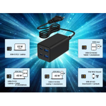 ĮKROVIKLIS USB UNIVERSALUS 4P 65W / TA-UC-2A2C-PD65-01-BK GEMBIRD ĮKROVIKLIS USB UNIVERSALUS 4P 65W / TA-UC-2A2C-PD65-01-BK GEMBIRD