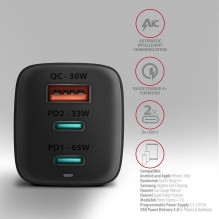 MOBILIOJO ĮKROVIKLIS SIENINIS USB 65W / GAN 3 PRIEVADŲ ACU-DPQ65 AXAGON