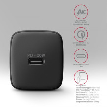MOBILE CHARGER WALL USB-C 20W / 1PORT BLACK ACU-PD20 AXAGON