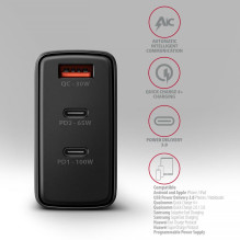 MOBILIOJO ĮKROVIMO SIENINĖ USB 100W / GAN 3PORT ACU-DPQ100 AXAGON