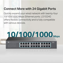 Komutatorius, TP-LINK, Komutatoriaus tipas: nevaldomas, 24xRJ-45 prievadai, RJ-45 prievadų tipas: gigabito eternetas (10