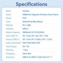 Išorinė baterija USB 5000MAH 20W / balta FHSW0 VENTION