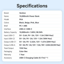 POWER BANK USB 10000MAH 22.5W / BLACK FKAB0-C VENTION POWER BANK USB 10000MAH 22.5W / BLACK FKAB0-C VENTION