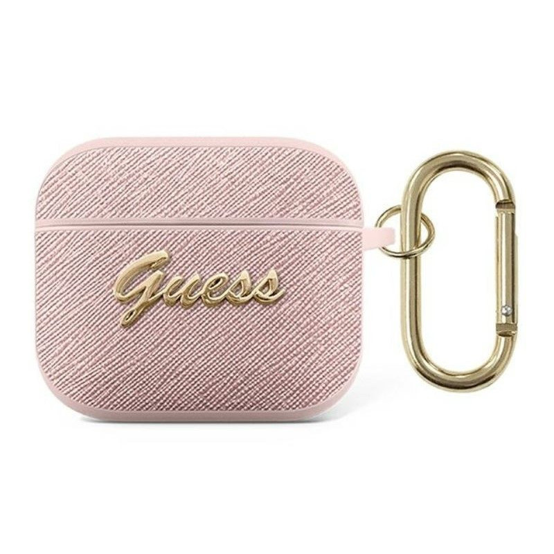 „Guess“ „Apple AirPods 3“ dėklas, „Saffiano Script Metal Collection“, rožinis