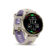 „Garmin Forerunner 970“, minkšto aukso spalvos titano spalvos su prancūziškai pilku dėklu ir prancūziškai pilku / permat