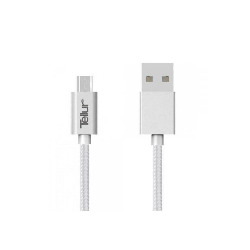 Tellur duomenų kabelis, USB į Micro USB, nailono pintas, 1 m, sidabrinis