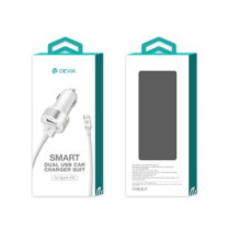 „Devia Smart Series“ dvigubo USB automobilinio įkroviklio komplektas su „Lightning“ laidu (MFi) (2.4A, 2USB), baltas