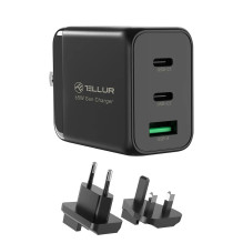 Tellur GaN 65W 3 prievadų sieninis įkroviklis, 2xUSB-C + USB-A, ES, JK, JAV, juoda