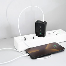 Tellur GaN 65W 3 prievadų sieninis įkroviklis, 2xUSB-C + USB-A, ES, JK, JAV, juoda