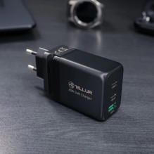 Tellur GaN 65W 3 prievadų sieninis įkroviklis, 2xUSB-C + USB-A, ES, JK, JAV, juoda