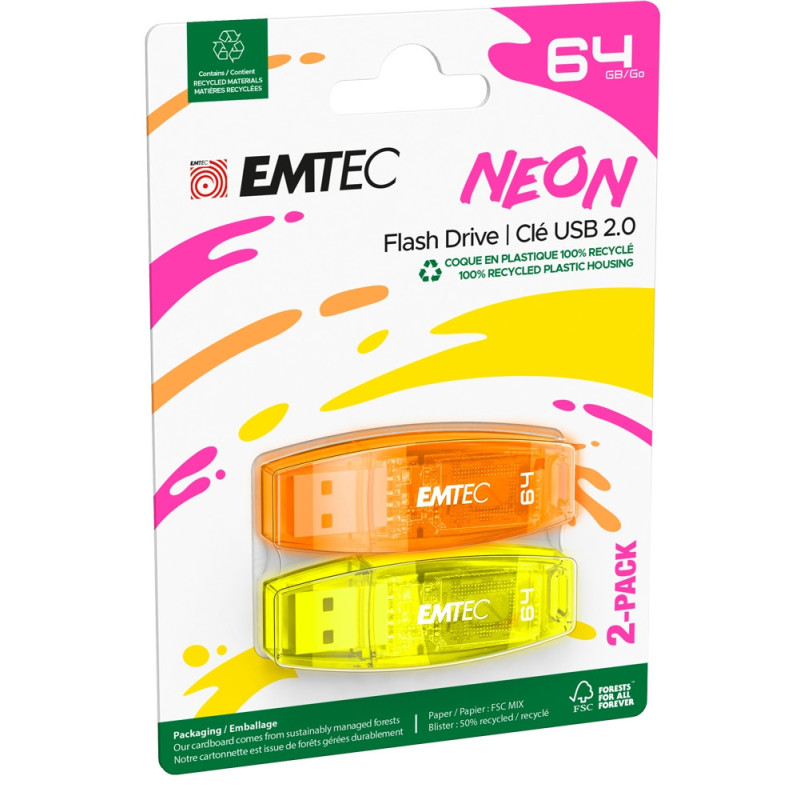 Emtec USB2.0 C410 64GB Neon 2 vnt.