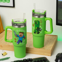 Paladone Minecraft žalias 900 ml termo puodelis ir šiaudelis