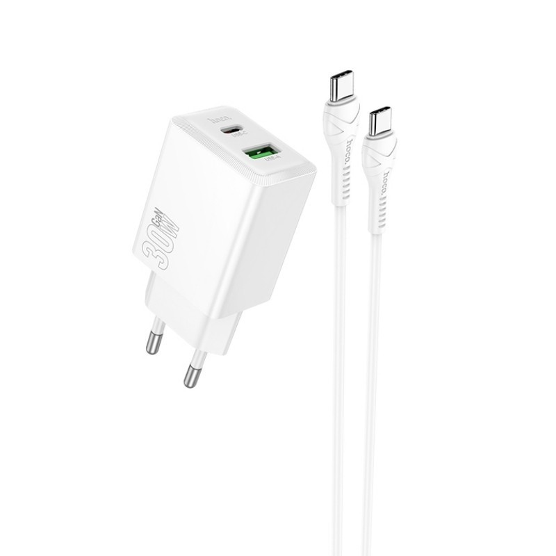 Įkroviklis Hoco N71 30W GaN USB-C / USB-A + USB-C to USB-C cable 1.0m baltas