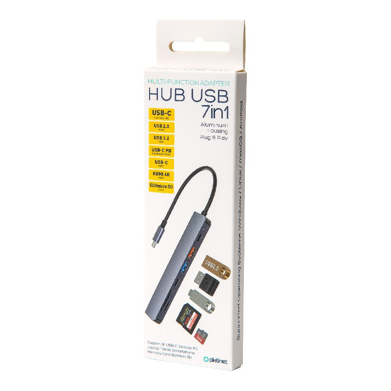 USB-C HUB Platinet 7in1 (PMH9997B) (1xHDMI 4K 1xUSB-C 2xUSB 3.2 SD MicroSD)