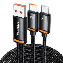 USB Cable Essager 'Double' 2in1 black 'USB / 2xType-C' 100cm