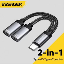Adapteris Essager 'Dual String2' juodas (In: Male Type-C / Out: Female 2xType-C)