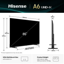 Televizorius, HISENSE, 85", 4K Ultra HD, 3840 x 2160 pikselių, plokščias, 16:9, LED, 85A6Q