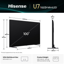 TV Set, HISENSE, 100 ", 4K Ultra HD, 3840 x 2160 pixels, Flat, 16:9, ULED, 100U7Q