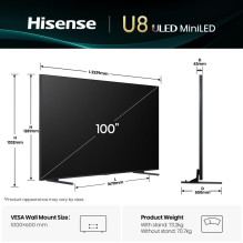 TV Set, HISENSE, 100 ", 4K Ultra HD, 3840 x 2160 pixels, Flat, 16:9, ULED, 100U8Q