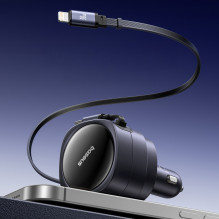 Baseus Enjoyment Max 60W Car Charger with Retractable USB-C and Lightning Cables - Black